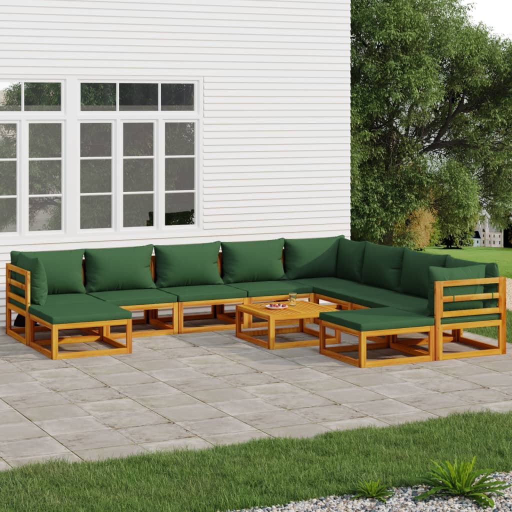 vidaXL 11 Piece Patio Lounge Set with Green Cushions Solid Wood-0