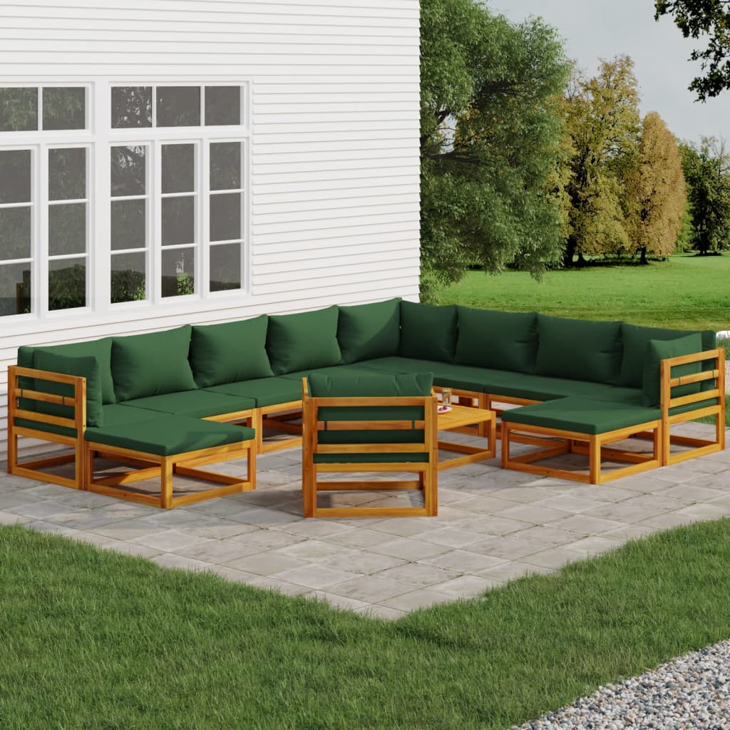 vidaXL 12 Piece Patio Lounge Set with Green Cushions Solid Wood-0