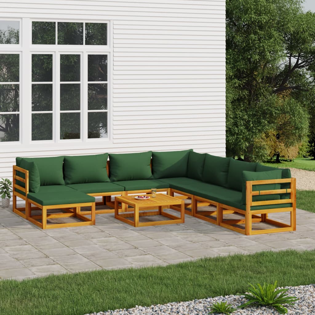 vidaXL 9 Piece Patio Lounge Set with Green Cushions Solid Wood-0