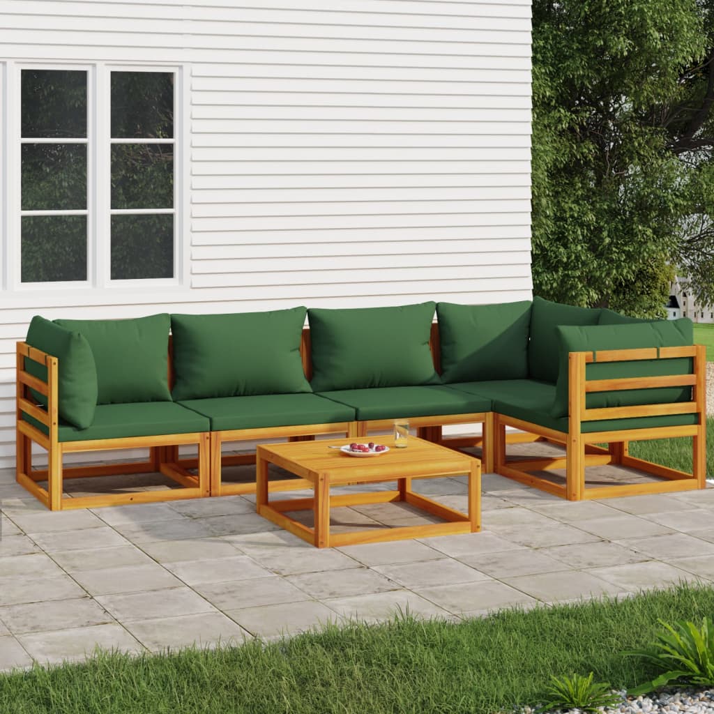 vidaXL 6 Piece Patio Lounge Set with Green Cushions Solid Wood-0