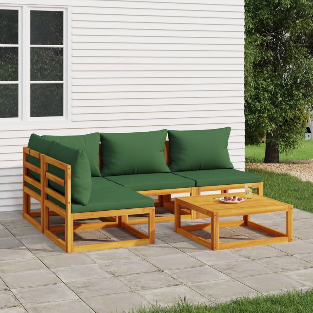 vidaXL 5 Piece Patio Lounge Set with Green Cushions Solid Wood-0