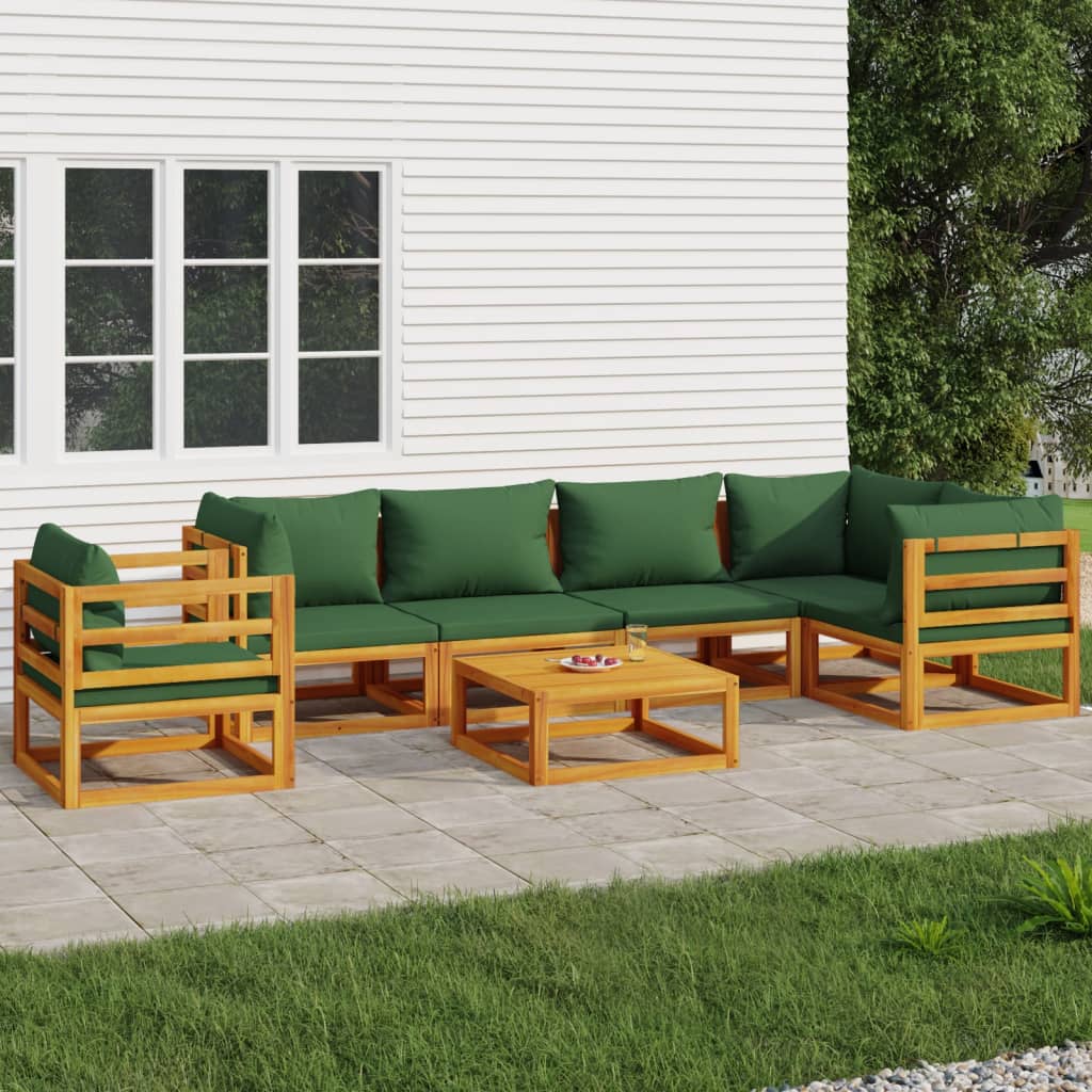 vidaXL 7 Piece Patio Lounge Set with Green Cushions Solid Wood-0