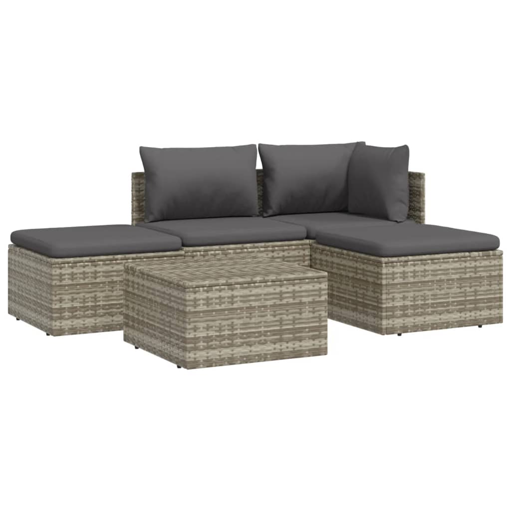 vidaXL 5 Piece Patio Lounge Set with Cushions Gray Poly Rattan-4