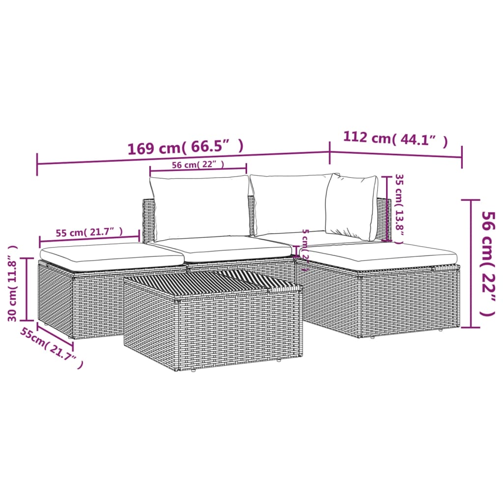 vidaXL 5 Piece Patio Lounge Set with Cushions Gray Poly Rattan-9