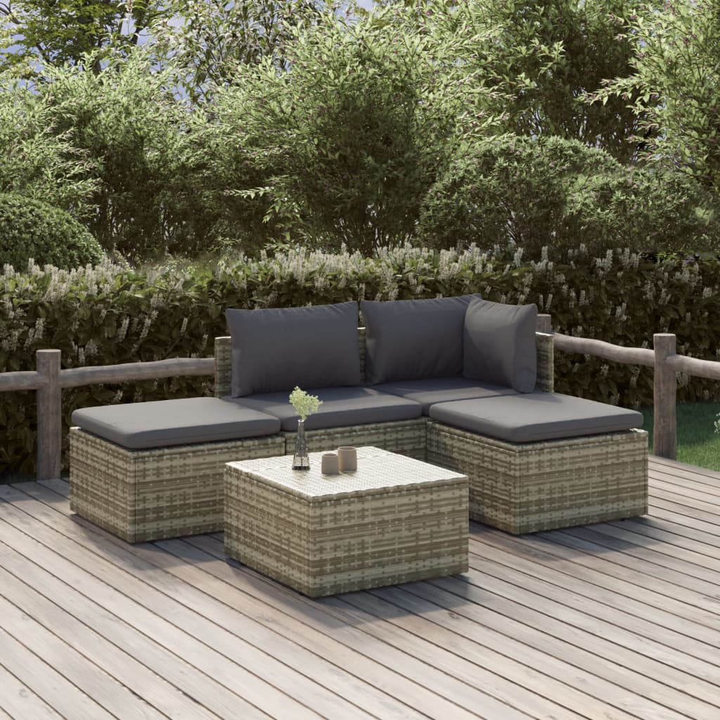 vidaXL 5 Piece Patio Lounge Set with Cushions Gray Poly Rattan-0