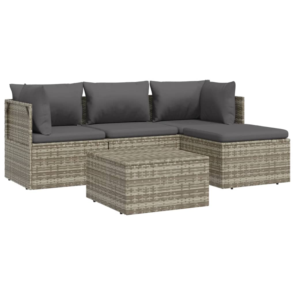 vidaXL 5 Piece Patio Lounge Set with Cushions Gray Poly Rattan-4