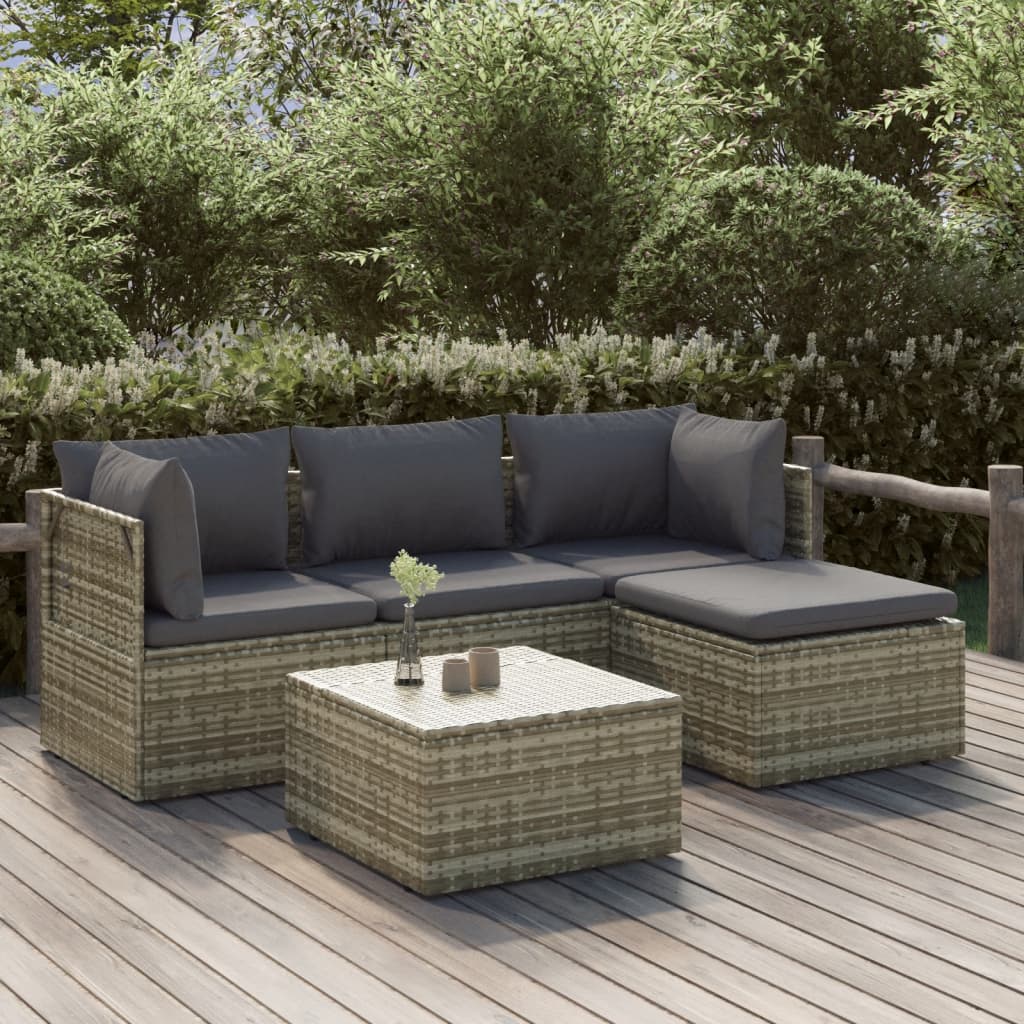 vidaXL 5 Piece Patio Lounge Set with Cushions Gray Poly Rattan-0