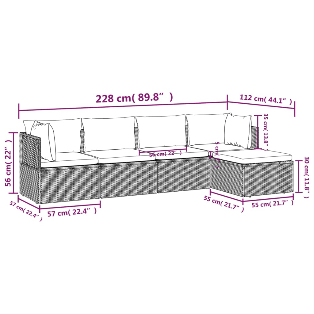 vidaXL 5 Piece Patio Lounge Set with Cushions Gray Poly Rattan-9