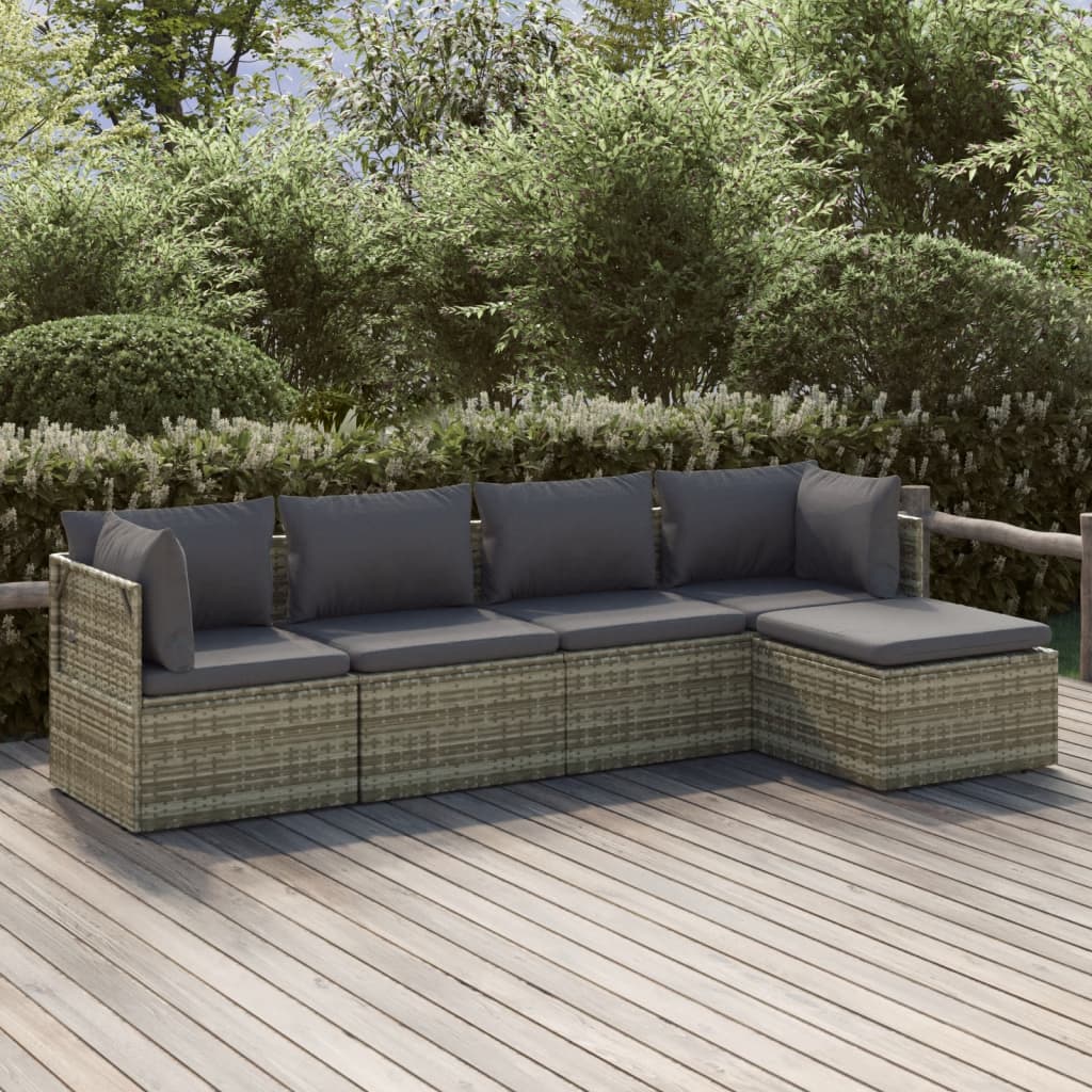 vidaXL 5 Piece Patio Lounge Set with Cushions Gray Poly Rattan-0