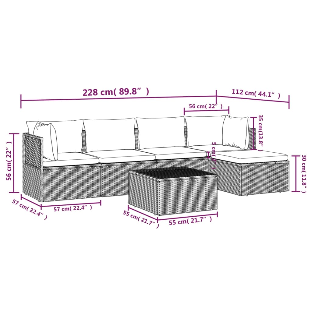 vidaXL 6 Piece Patio Lounge Set with Cushions Gray Poly Rattan-9