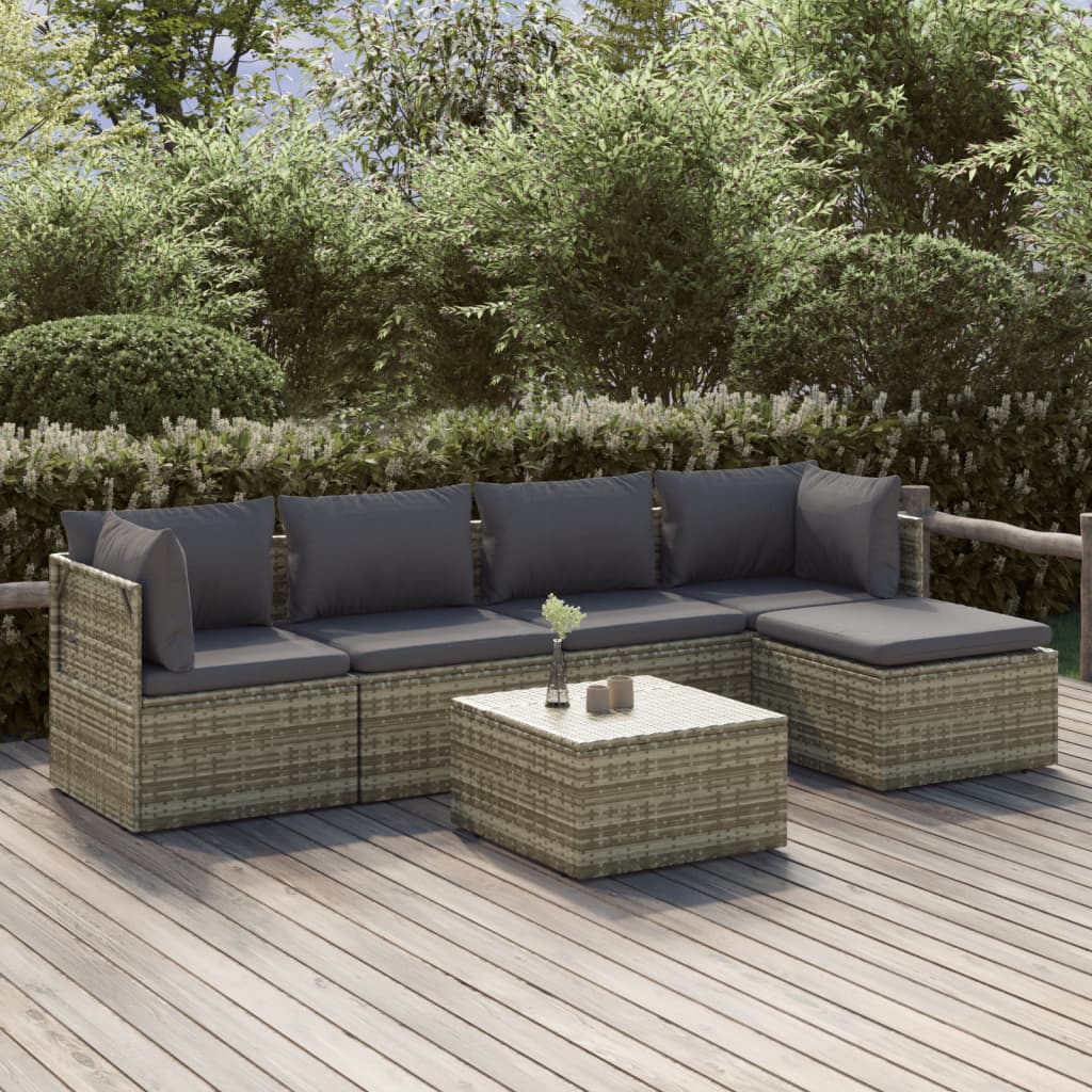 vidaXL 6 Piece Patio Lounge Set with Cushions Gray Poly Rattan-0