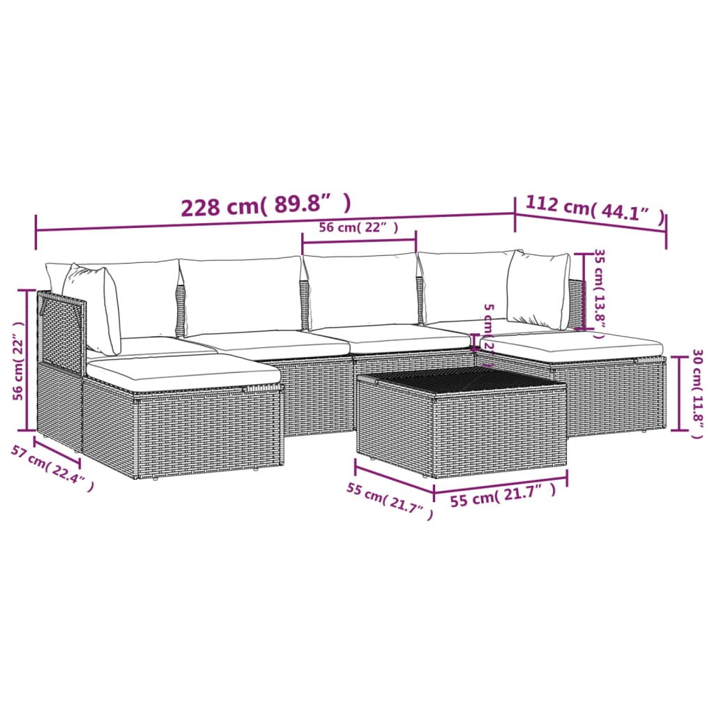 vidaXL 7 Piece Patio Lounge Set with Cushions Gray Poly Rattan-9