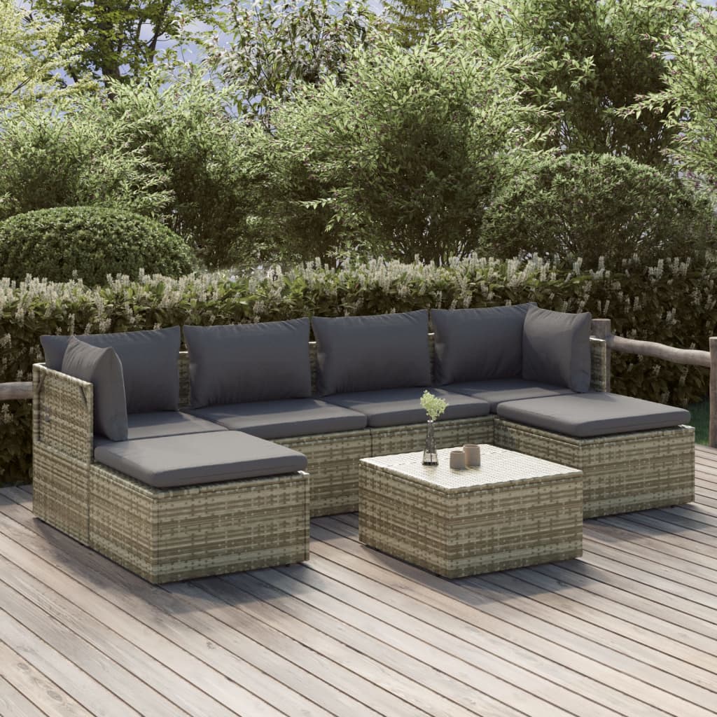 vidaXL 7 Piece Patio Lounge Set with Cushions Gray Poly Rattan-0