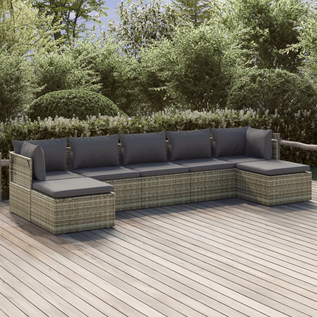 vidaXL 7 Piece Patio Lounge Set with Cushions Gray Poly Rattan-0