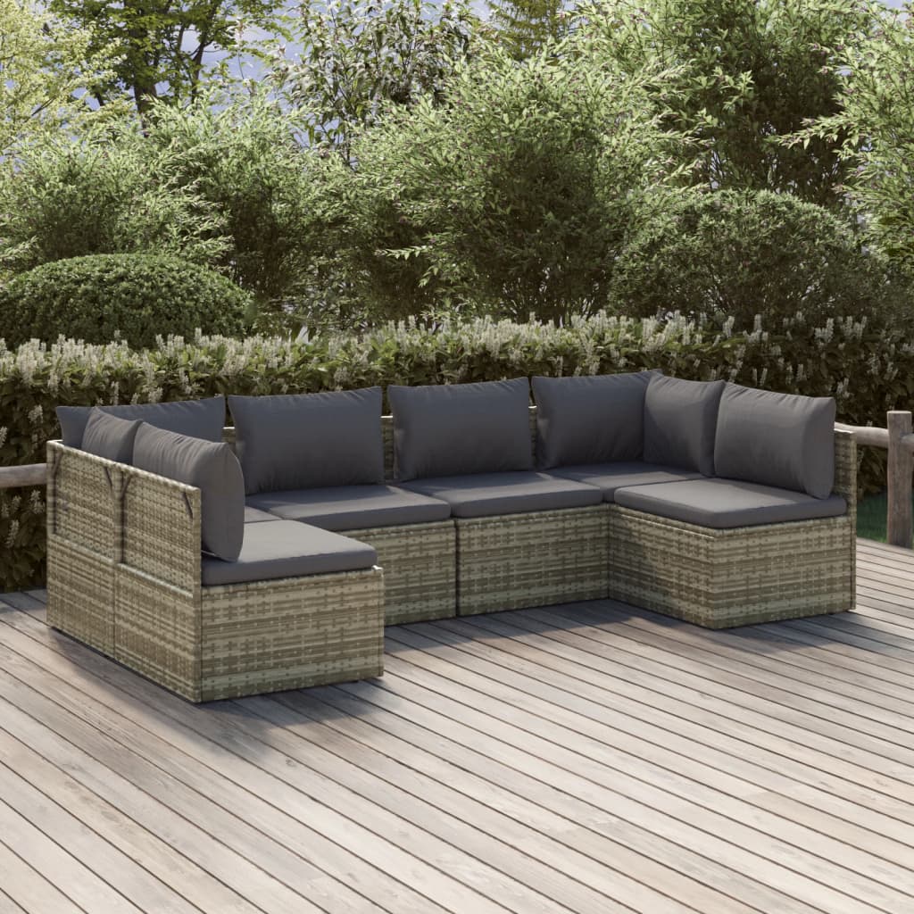 vidaXL 6 Piece Patio Lounge Set with Cushions Gray Poly Rattan-0