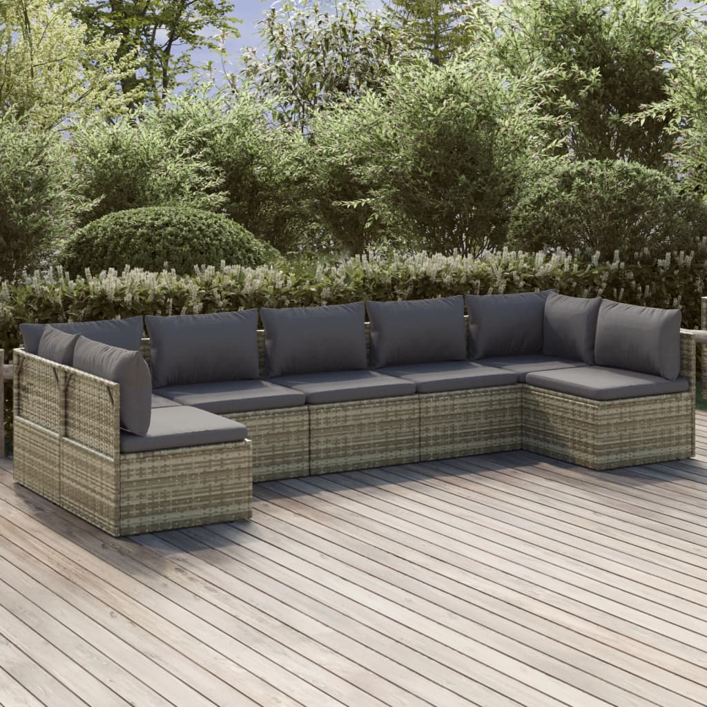 vidaXL 7 Piece Patio Lounge Set with Cushions Gray Poly Rattan-0