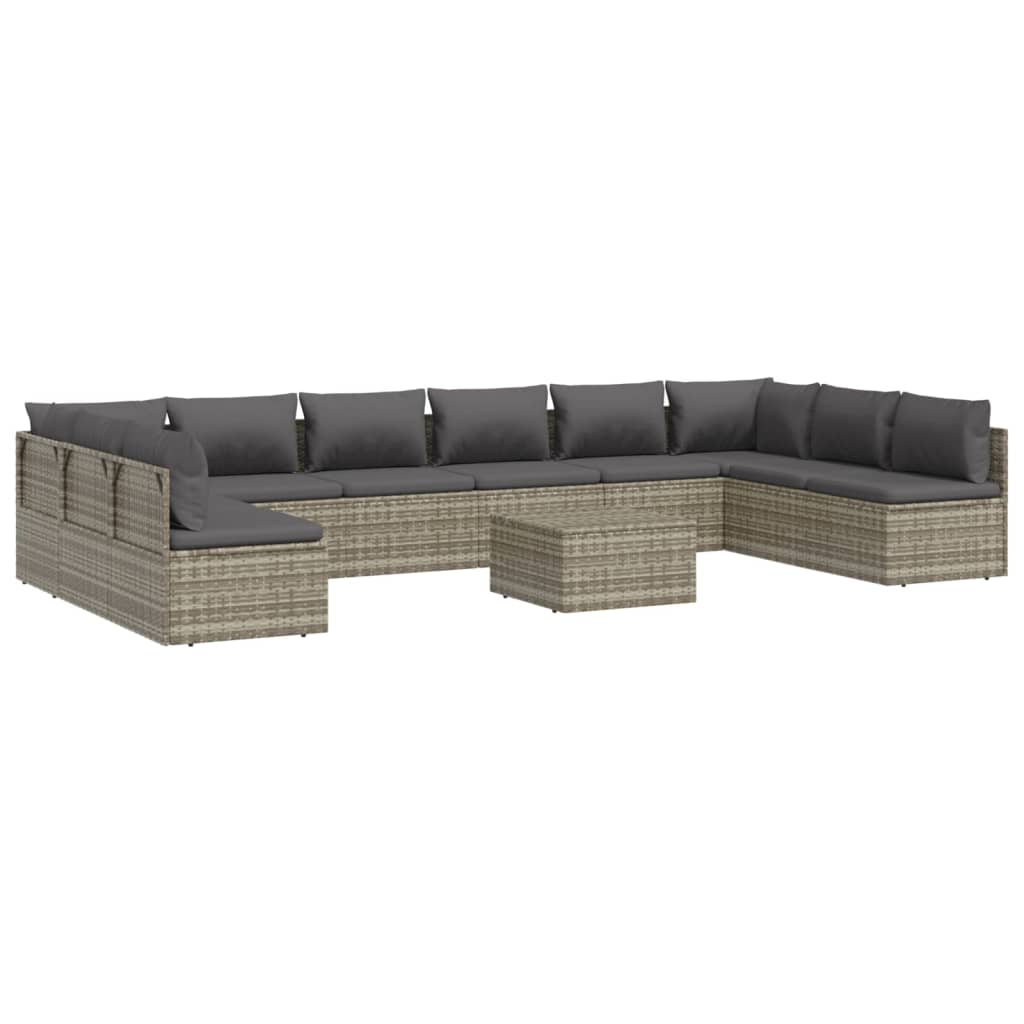 vidaXL 11 Piece Patio Lounge Set with Cushions Gray Poly Rattan-4