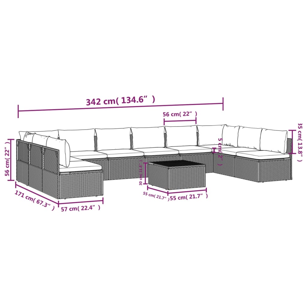 vidaXL 11 Piece Patio Lounge Set with Cushions Gray Poly Rattan-9