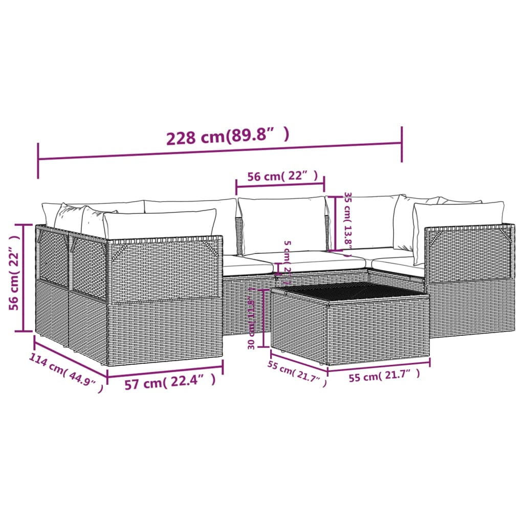 vidaXL 7 Piece Patio Lounge Set with Cushions Gray Poly Rattan-9