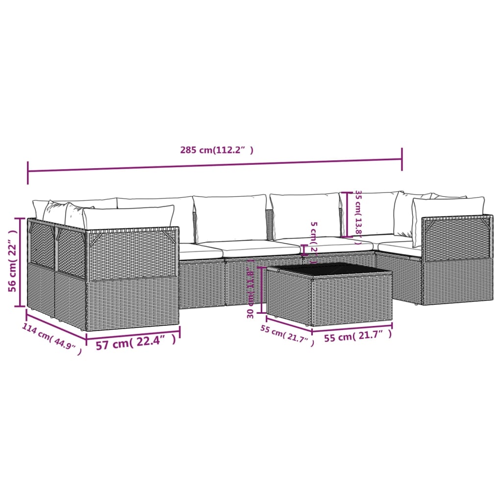 vidaXL 8 Piece Patio Lounge Set with Cushions Gray Poly Rattan-9