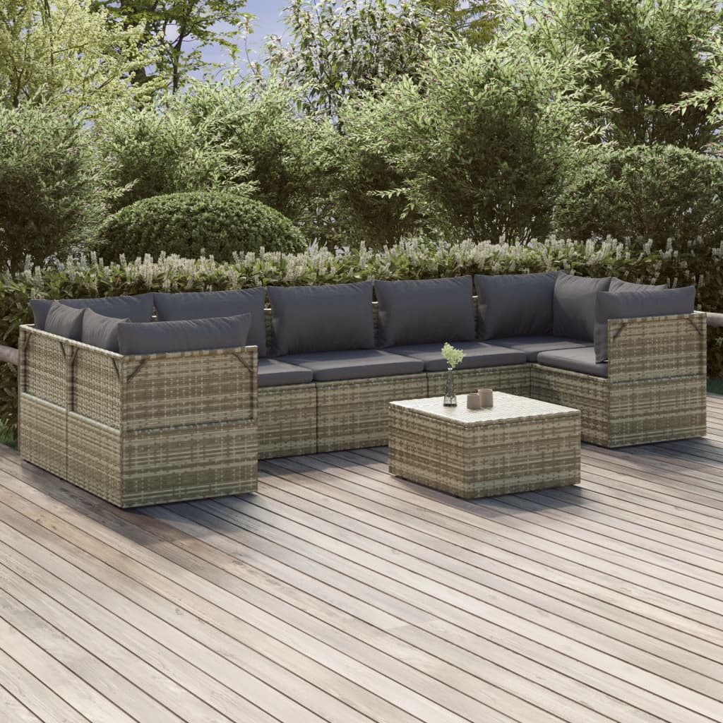 vidaXL 8 Piece Patio Lounge Set with Cushions Gray Poly Rattan-0