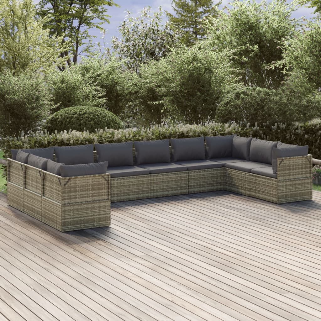 vidaXL 10 Piece Patio Lounge Set with Cushions Gray Poly Rattan-0