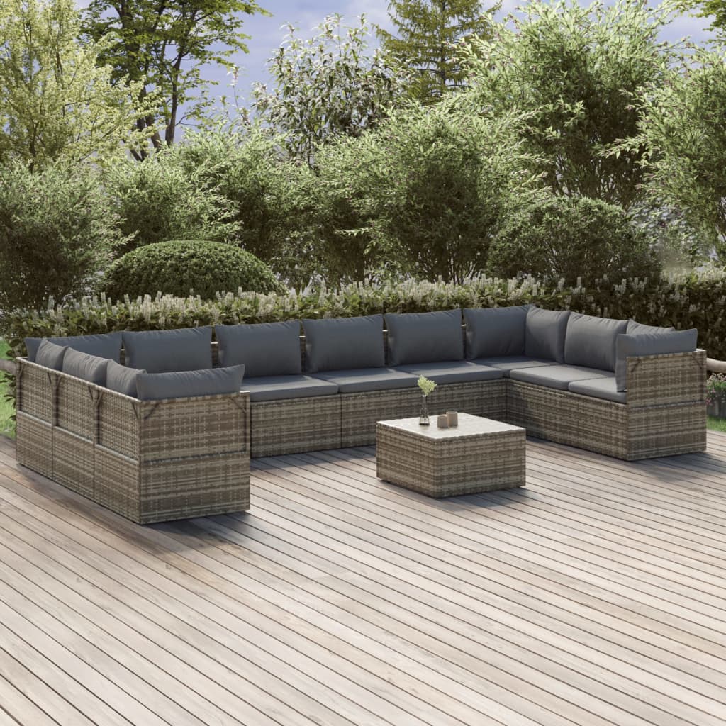 vidaXL 11 Piece Patio Lounge Set with Cushions Gray Poly Rattan-0