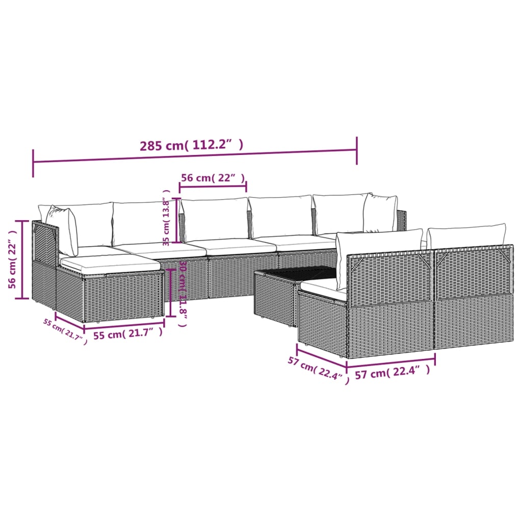 vidaXL 10 Piece Patio Lounge Set with Cushions Gray Poly Rattan-9