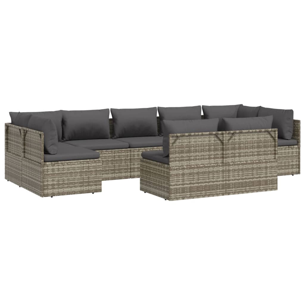 vidaXL 9 Piece Patio Lounge Set with Cushions Gray Poly Rattan-3