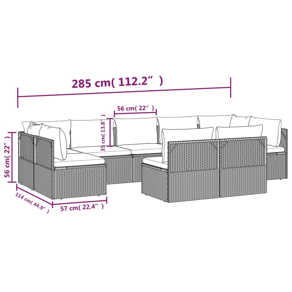 vidaXL 9 Piece Patio Lounge Set with Cushions Gray Poly Rattan-9