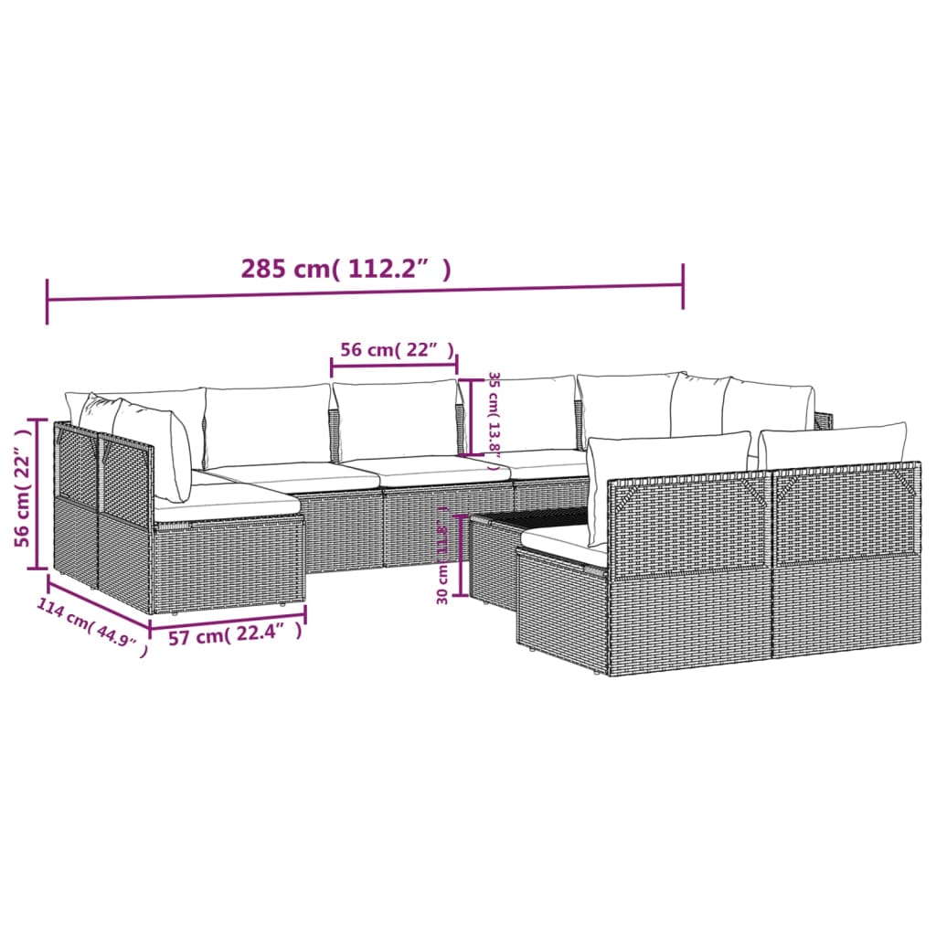 vidaXL 10 Piece Patio Lounge Set with Cushions Gray Poly Rattan-9