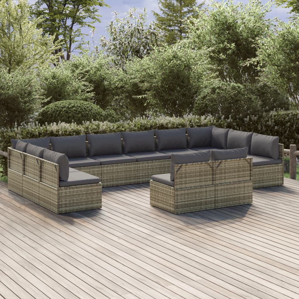 vidaXL 12 Piece Patio Lounge Set with Cushions Gray Poly Rattan-0