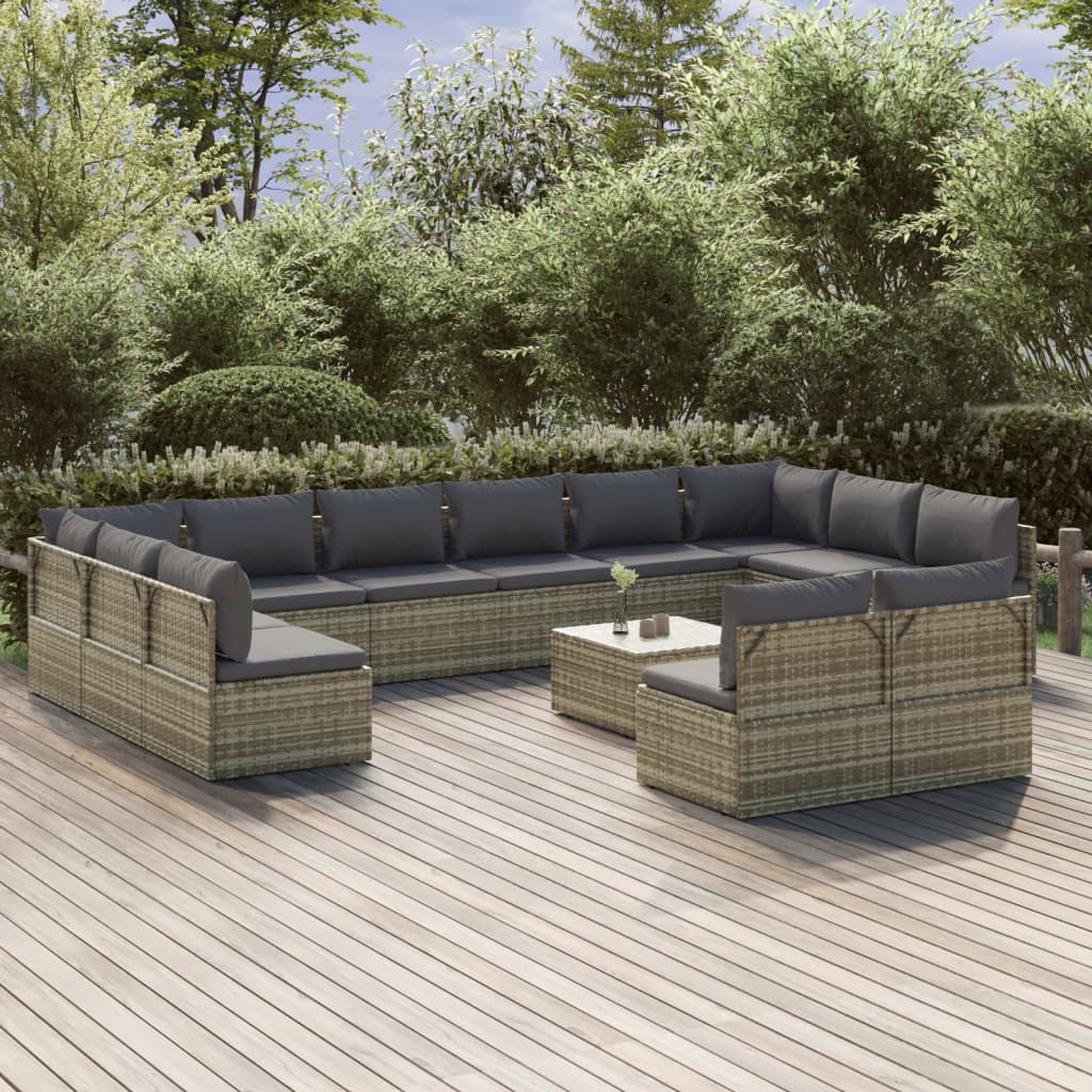 vidaXL 13 Piece Patio Lounge Set with Cushions Gray Poly Rattan-0