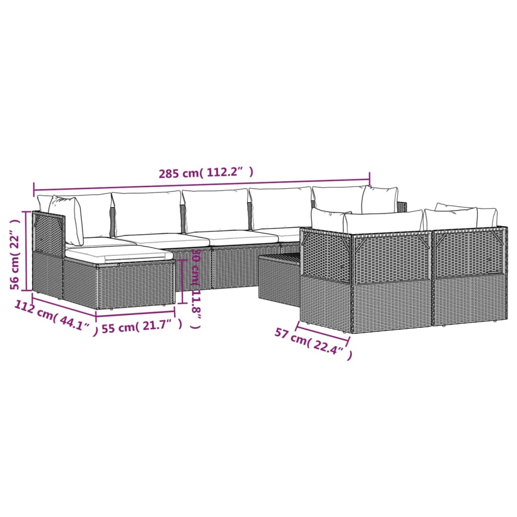 vidaXL 10 Piece Patio Lounge Set with Cushions Gray Poly Rattan-9