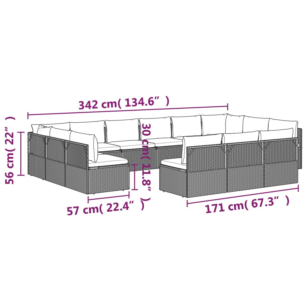 vidaXL 13 Piece Patio Lounge Set with Cushions Gray Poly Rattan-9