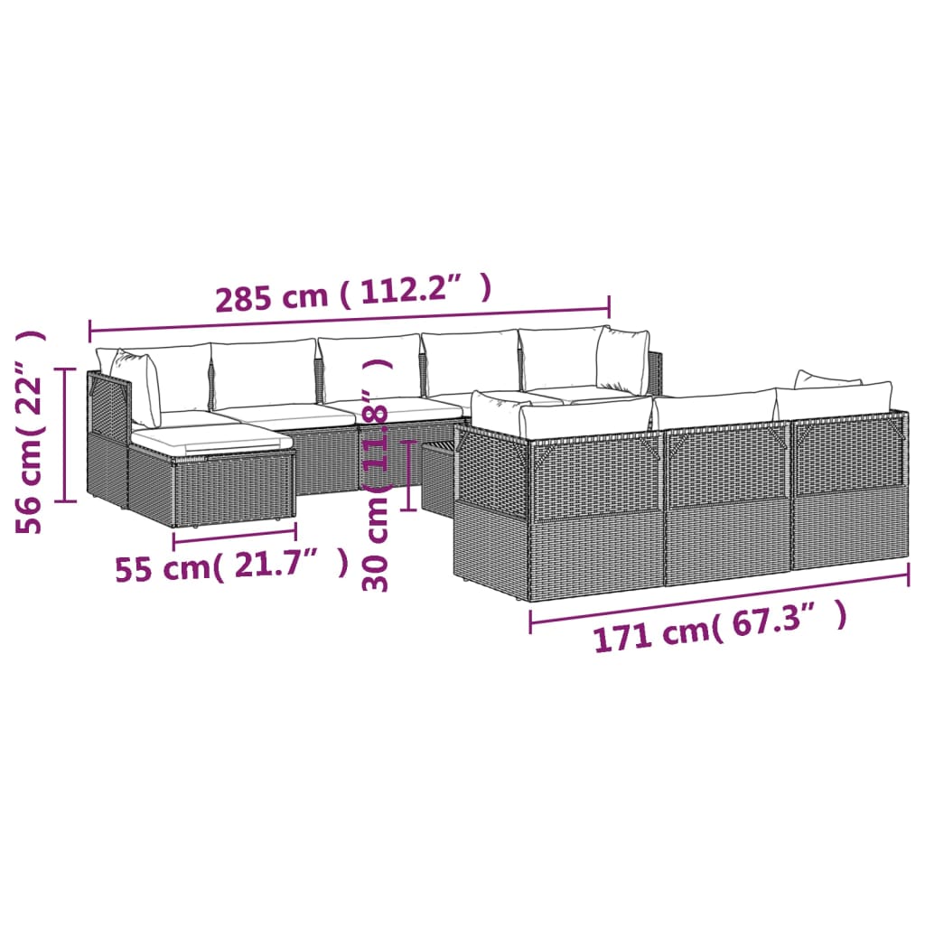 vidaXL 11 Piece Patio Lounge Set with Cushions Gray Poly Rattan-9