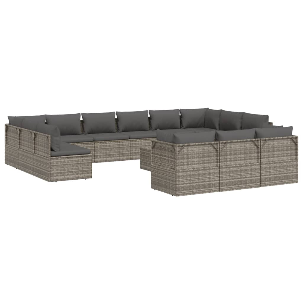 vidaXL 14 Piece Patio Lounge Set with Cushions Gray Poly Rattan-3