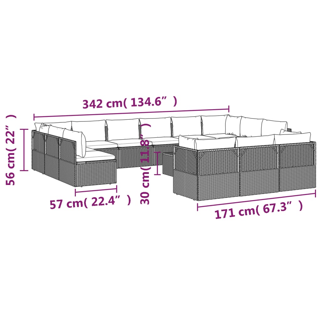 vidaXL 14 Piece Patio Lounge Set with Cushions Gray Poly Rattan-9