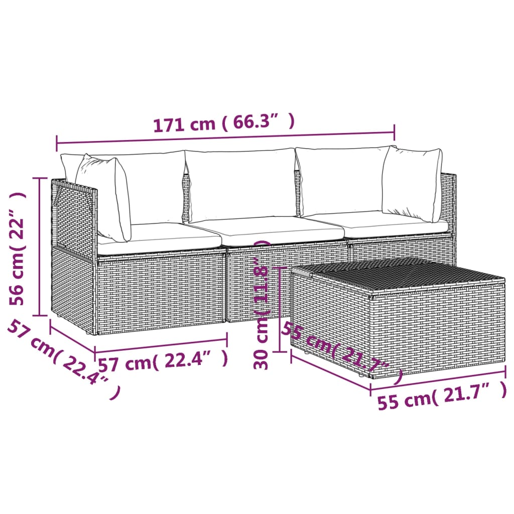 vidaXL 4 Piece Patio Lounge Set with Cushions Gray Poly Rattan-9