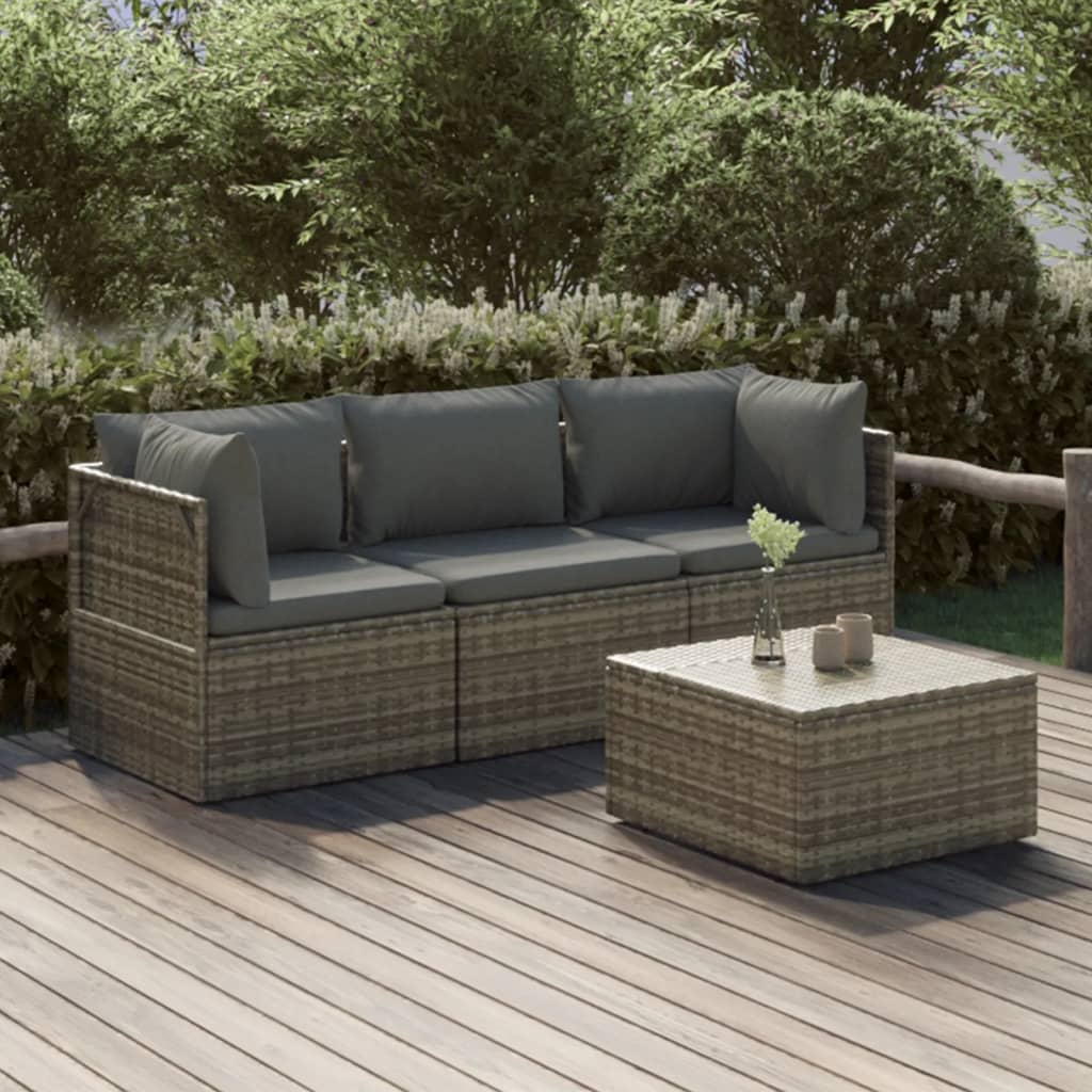 vidaXL 4 Piece Patio Lounge Set with Cushions Gray Poly Rattan-0