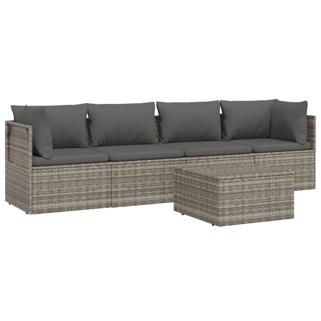 vidaXL 5 Piece Patio Lounge Set with Cushions Gray Poly Rattan-3