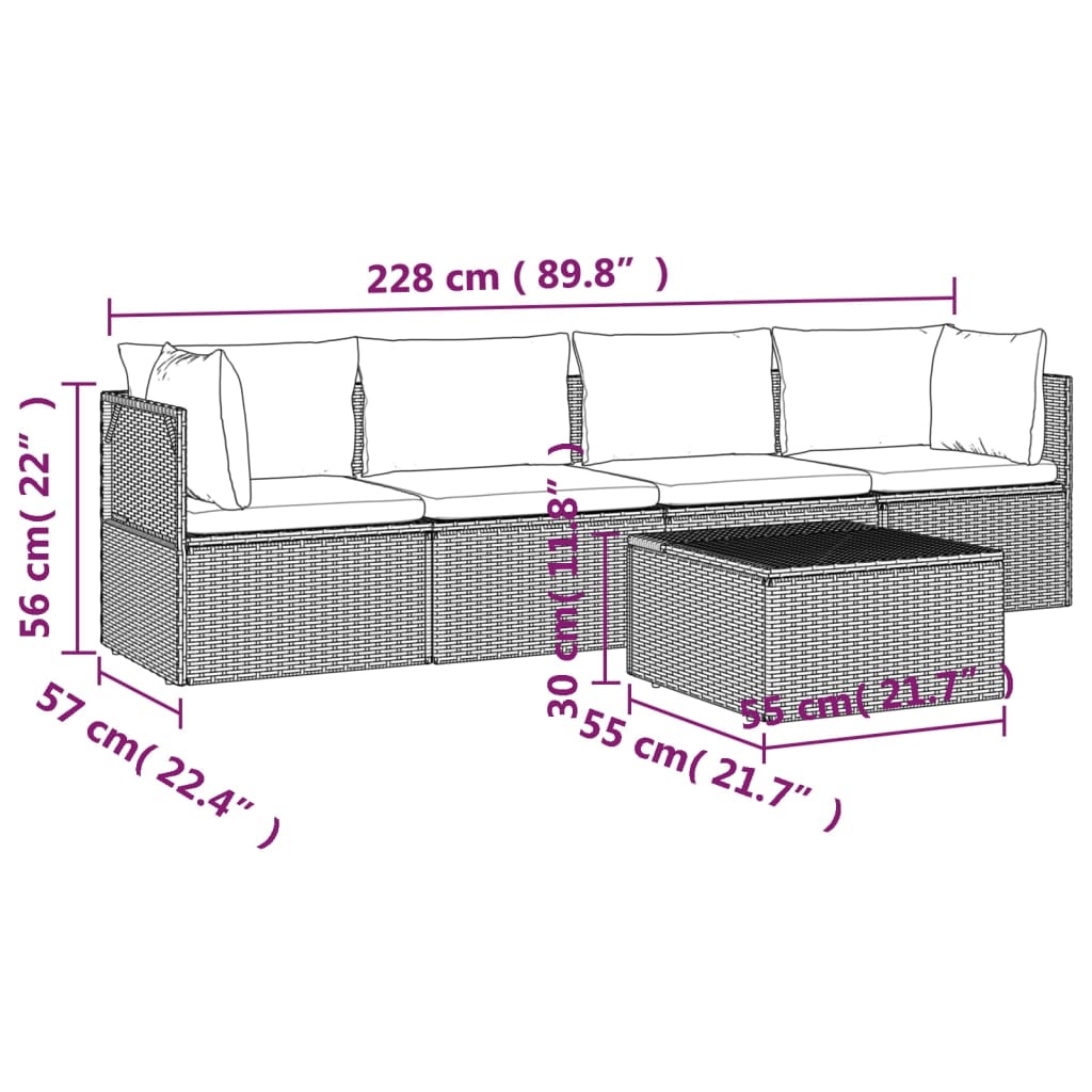 vidaXL 5 Piece Patio Lounge Set with Cushions Gray Poly Rattan-9