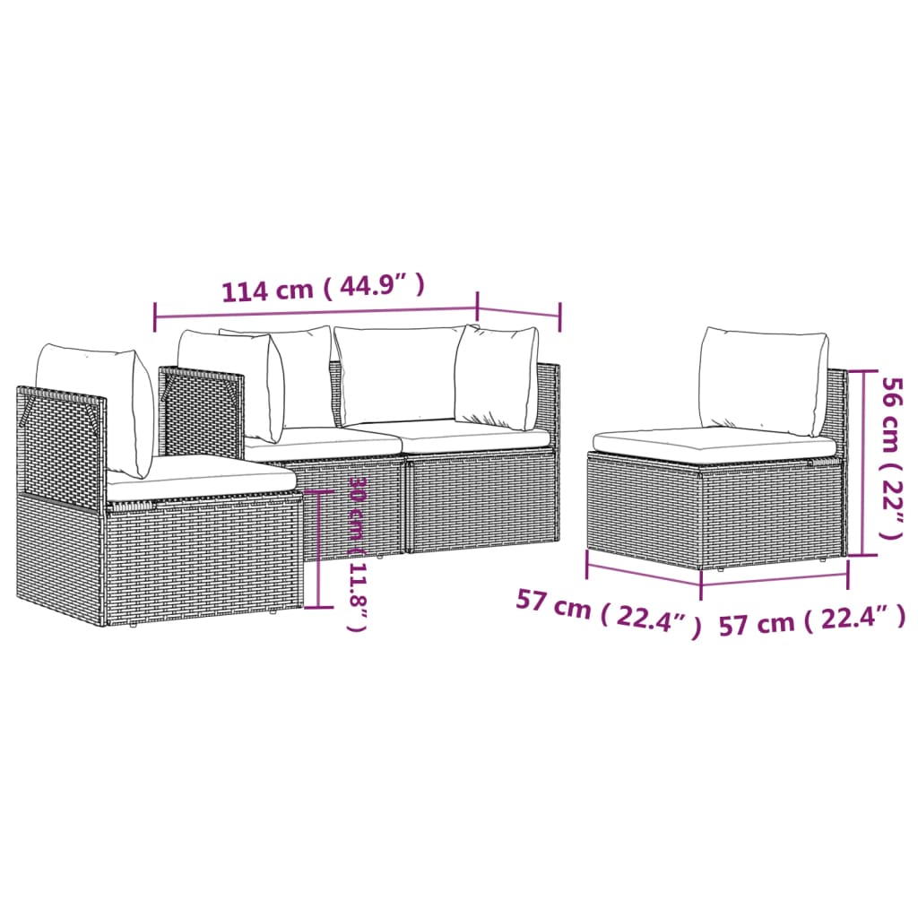 vidaXL 4 Piece Patio Lounge Set with Cushions Gray Poly Rattan-3