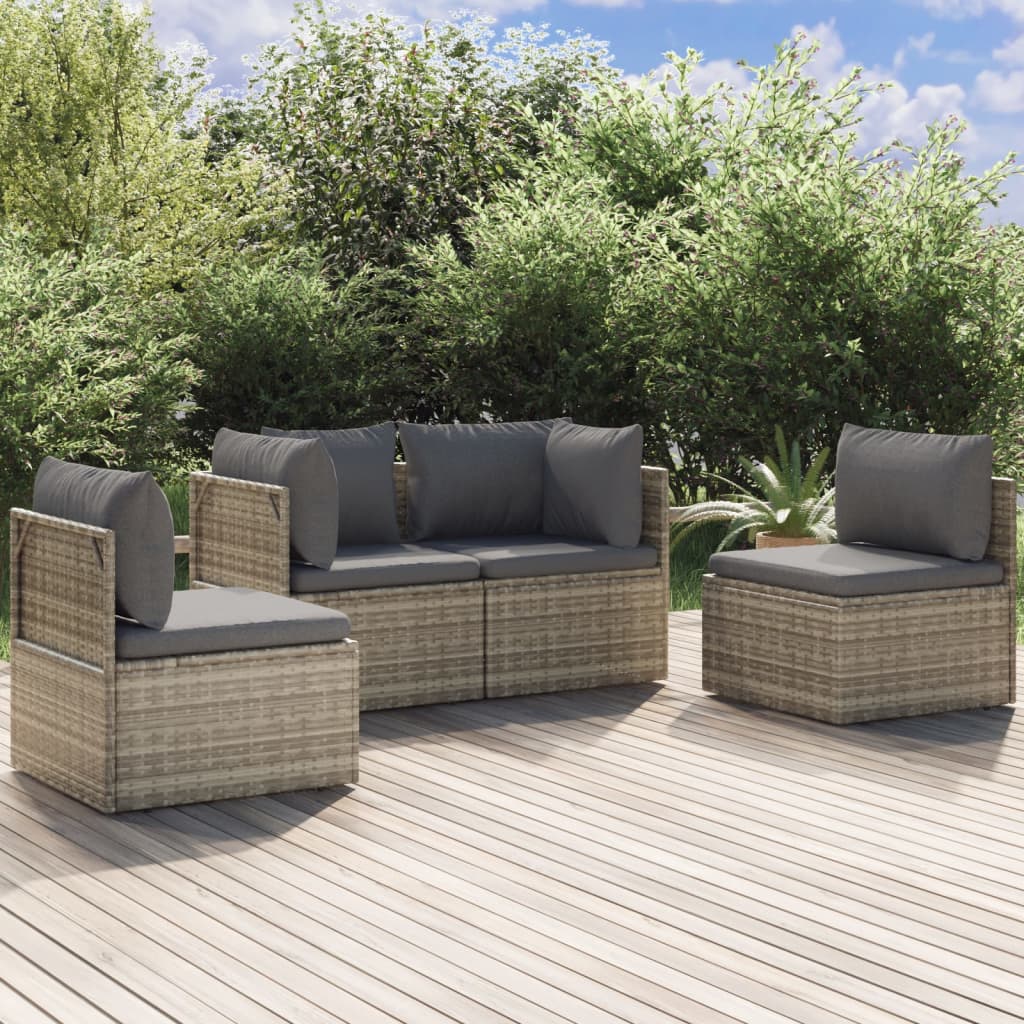 vidaXL 4 Piece Patio Lounge Set with Cushions Gray Poly Rattan-0