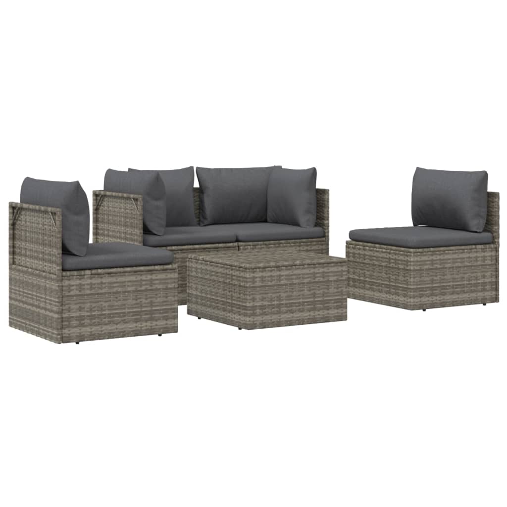 vidaXL 5 Piece Patio Lounge Set with Cushions Gray Poly Rattan-3