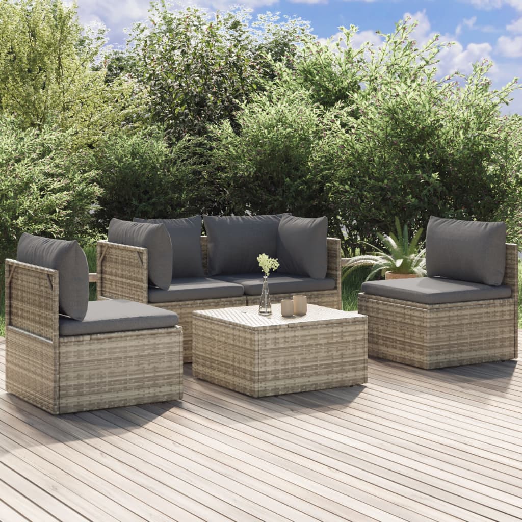 vidaXL 5 Piece Patio Lounge Set with Cushions Gray Poly Rattan-0