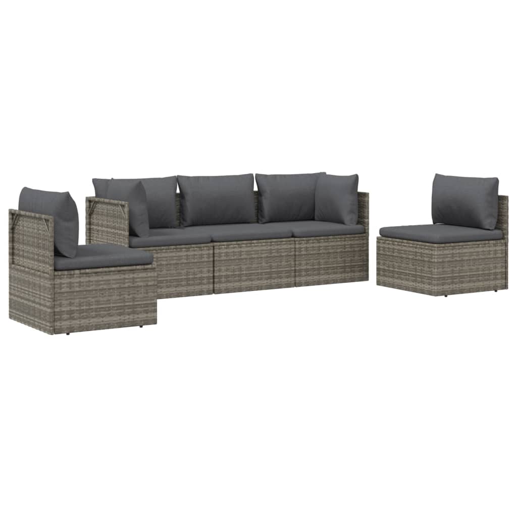 vidaXL 5 Piece Patio Lounge Set with Cushions Gray Poly Rattan-4