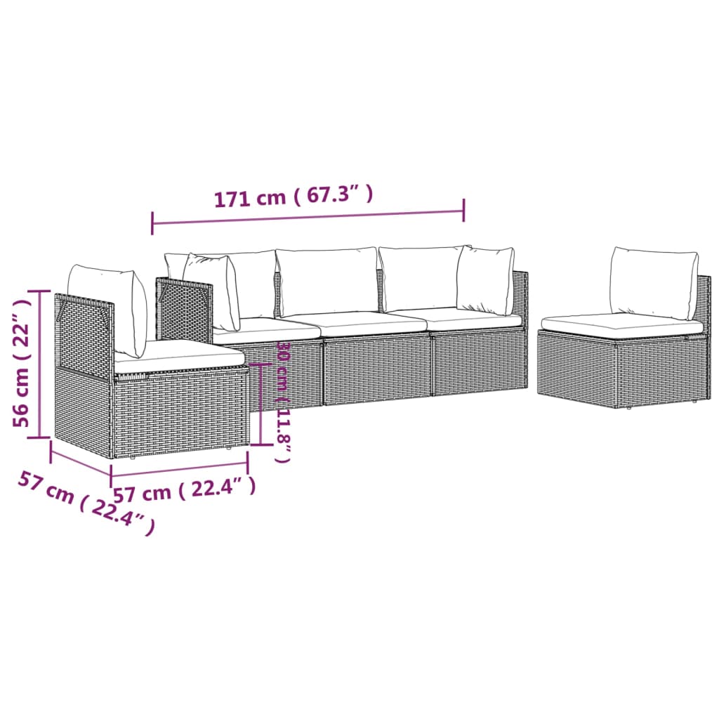 vidaXL 5 Piece Patio Lounge Set with Cushions Gray Poly Rattan-3