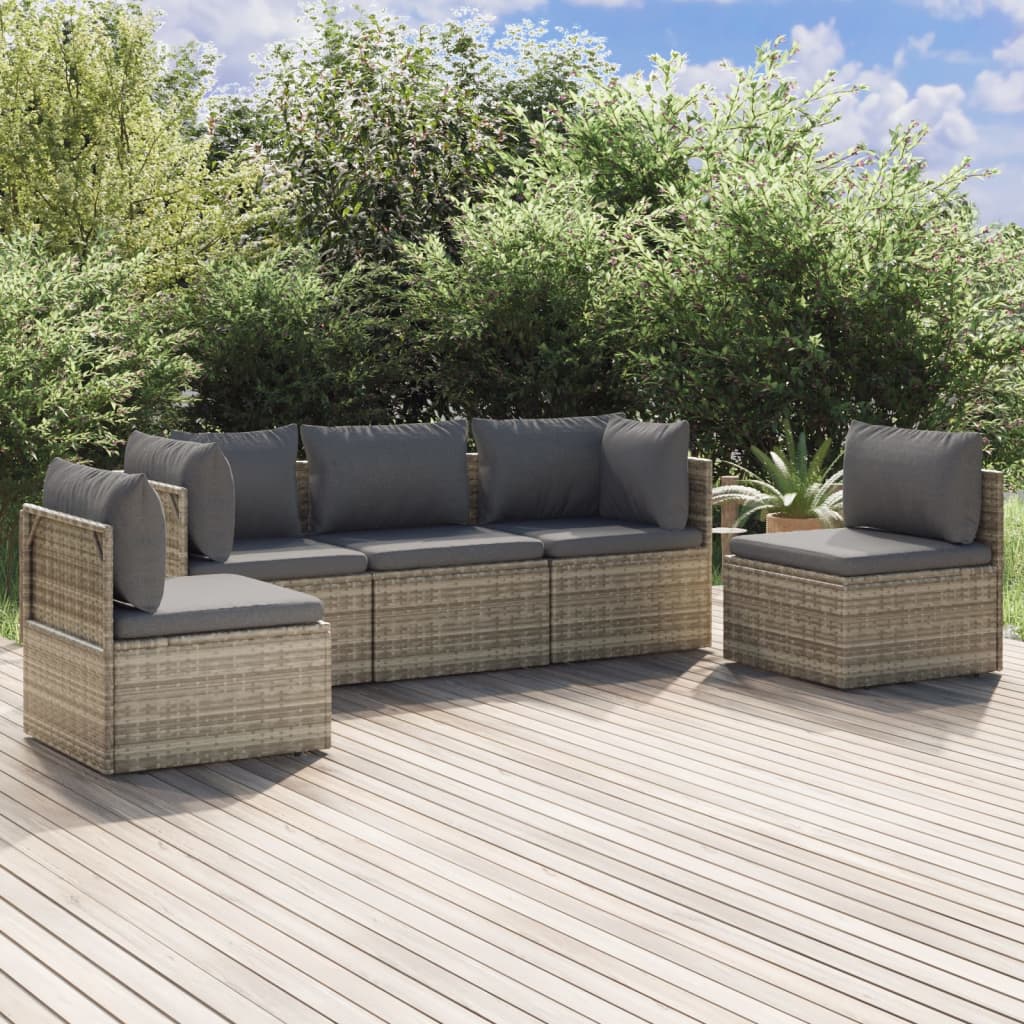 vidaXL 5 Piece Patio Lounge Set with Cushions Gray Poly Rattan-0