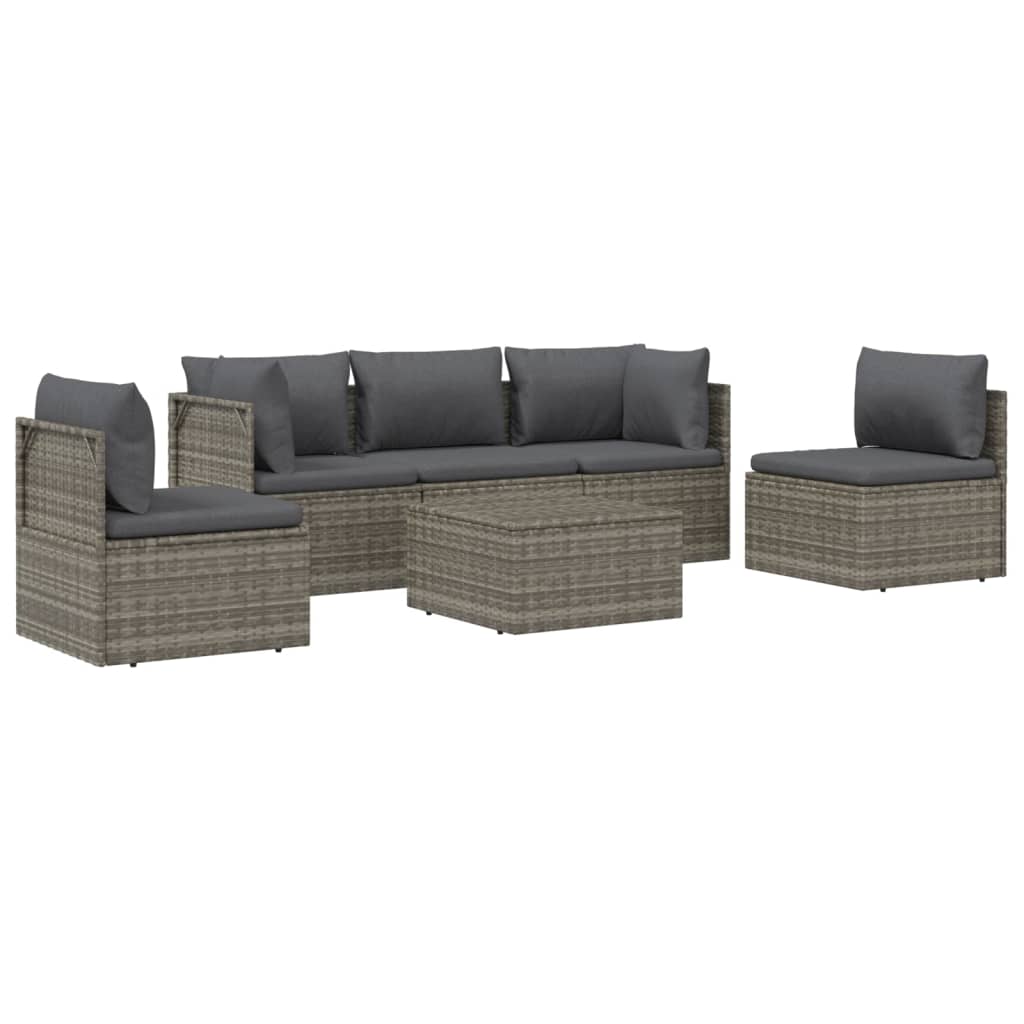 vidaXL 6 Piece Patio Lounge Set with Cushions Gray Poly Rattan-3